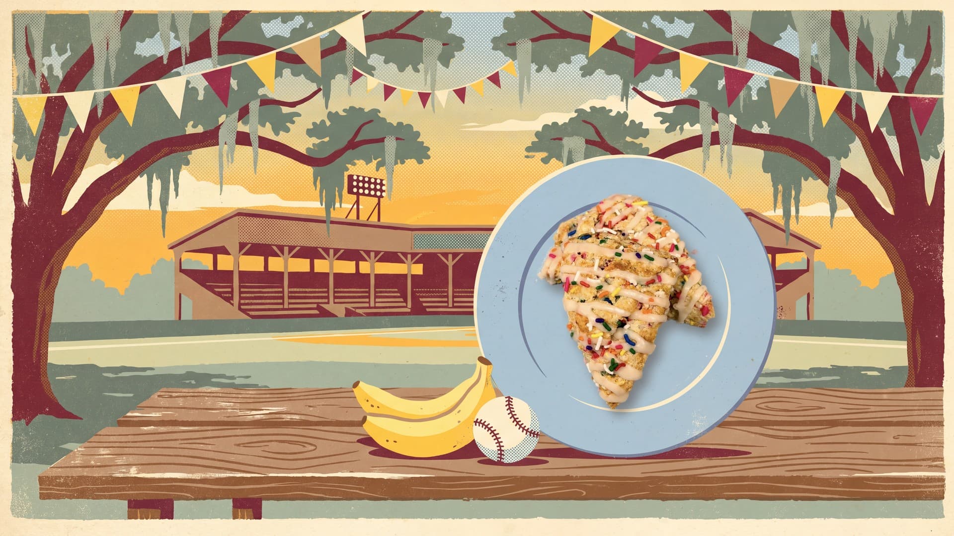 Illustrated ballpark under Spanish moss with a real Savannah Scone Company scone on a blue plate